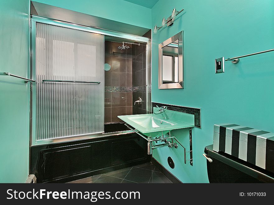 Master bath in contemporary home with green walls. Master bath in contemporary home with green walls