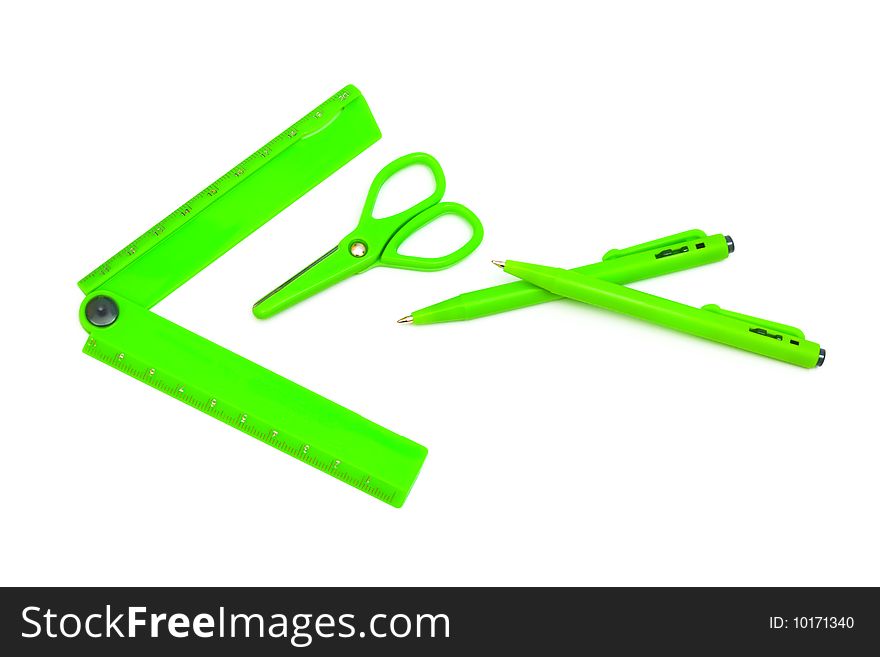 New green office supplies on white background