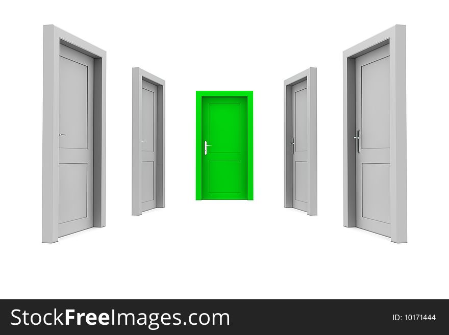 Abstract hallway with gray doors - one green door at the end of the corridor. Abstract hallway with gray doors - one green door at the end of the corridor