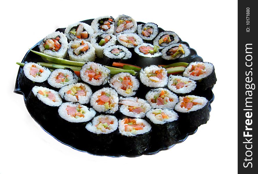 Japanese sushi seafood rolls with rice (isolated on white). Japanese sushi seafood rolls with rice (isolated on white)