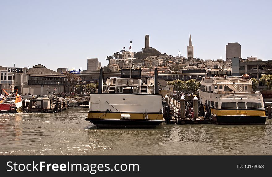 This is a view of San Francisco from the bay with a view of Pier 39, Coit Tower,and TransAmerica tower. This is a view of San Francisco from the bay with a view of Pier 39, Coit Tower,and TransAmerica tower.