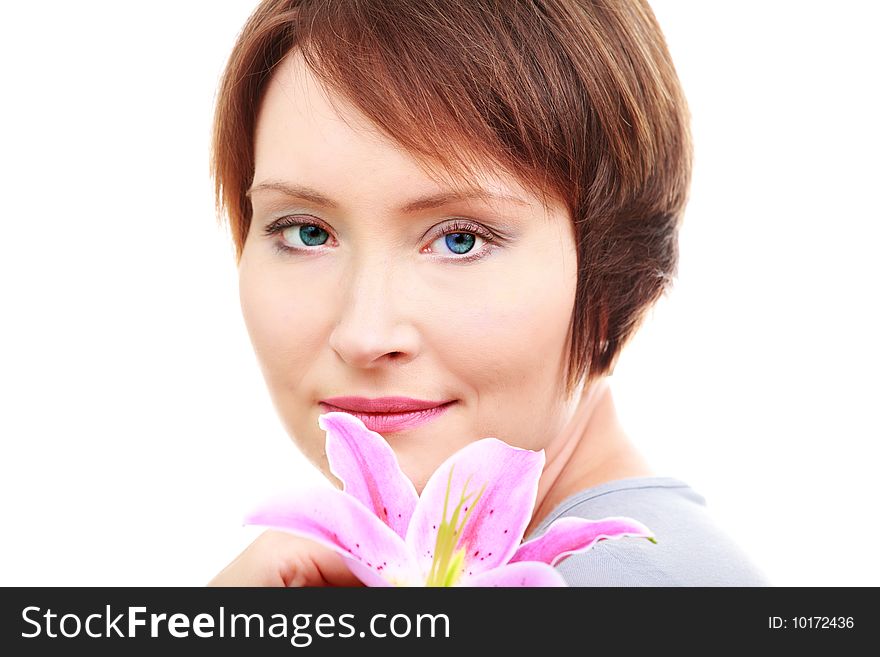 Elegant woman with flower isolated on white background