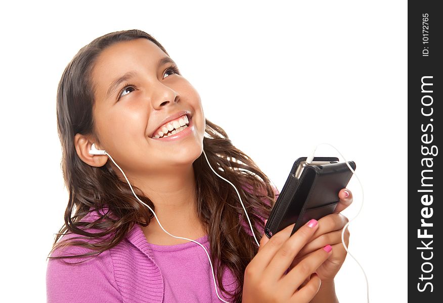 Pretty Hispanic Girl Listening and Dancing to Music Isolated on a White Background. Pretty Hispanic Girl Listening and Dancing to Music Isolated on a White Background.