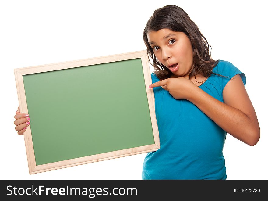 Pretty Hispanic Girl Holding Blank Chalkboard