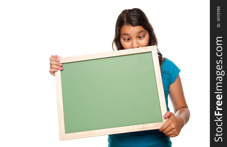 Pretty Hispanic Girl Holding Blank Chalkboard