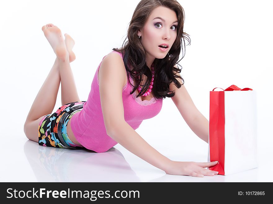 Young Emotional Woman With Paper Bag