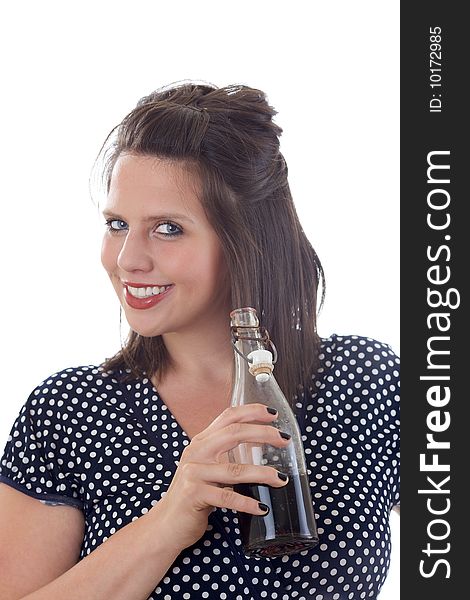 Cheerful, happy woman with a refreshing beverage in her hand; isolated on a white background.