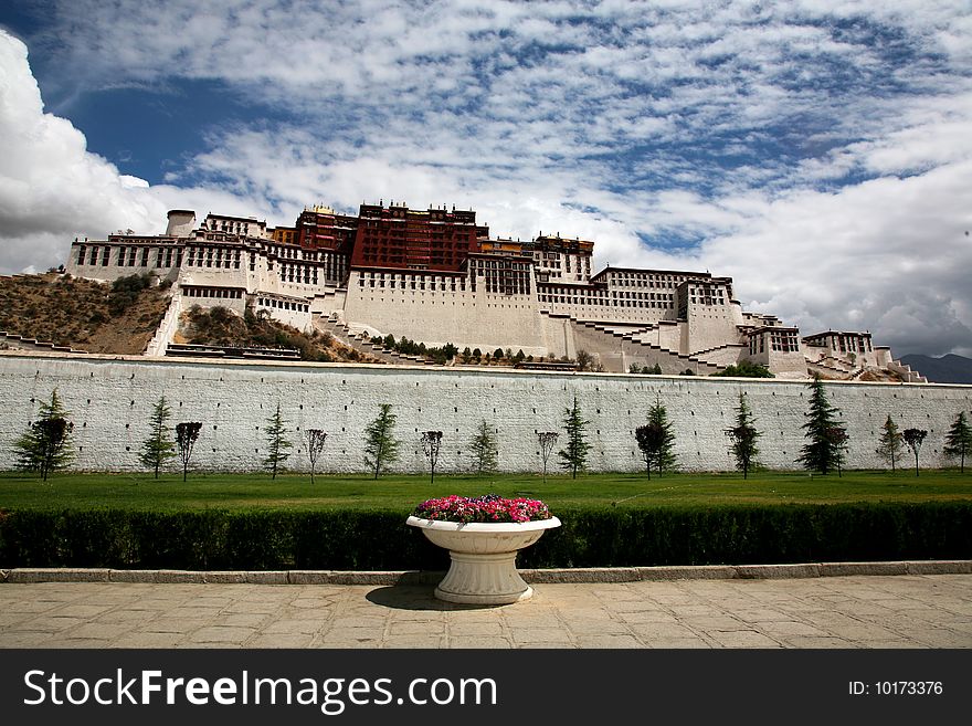 Bright, sunny day with blue sky at the Potala Palace building in Lhasa.