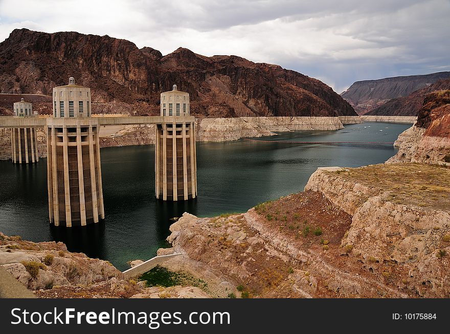 View of Hoover Dam intake tower in Lake Mead. View of Hoover Dam intake tower in Lake Mead.