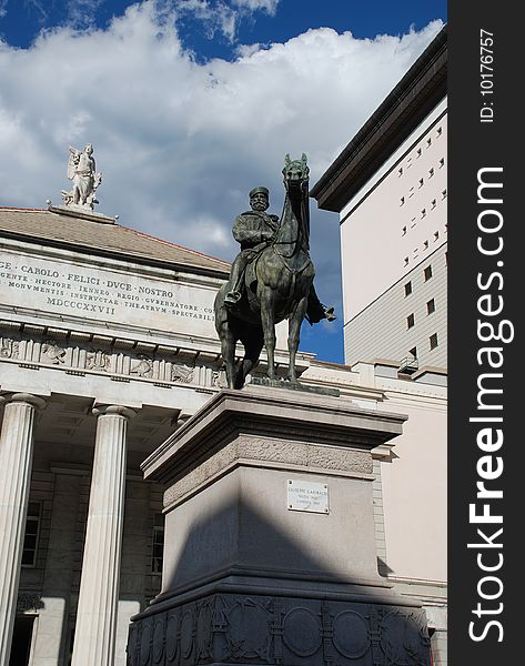 Genoa: Carlo Felice theater and Garibaldi equestrian statue. Genoa: Carlo Felice theater and Garibaldi equestrian statue