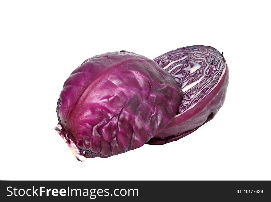 Sections of red cabbage isolated on white background