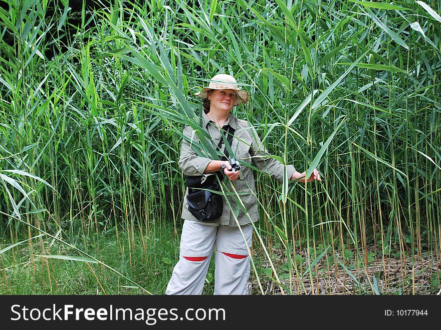 Summer day. The Alpes. Reed thickets. On its background the smiling woman. Costs, looks in an objective. Summer day. The Alpes. Reed thickets. On its background the smiling woman. Costs, looks in an objective.