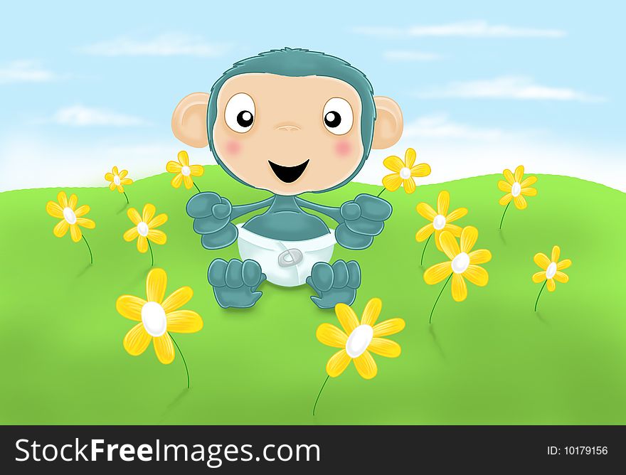 A cute baby chimp holding some flowers. A cute baby chimp holding some flowers