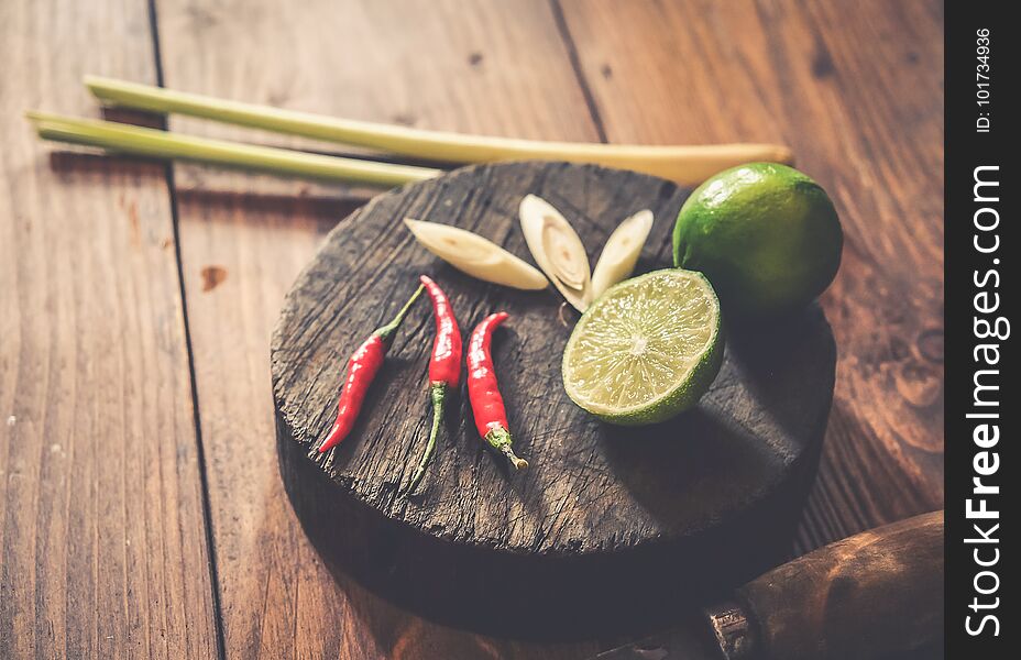 Vietnamese spices ingredient on old wood background, food photography concepts.