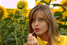 Portrait Of Beauty Young Woman Applying Lipstick Royalty Free Stock Photography Portrait Of Beauty Young Woman Applying Lipstick Royalty Free Stock Photography