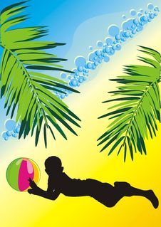 Silhouette Of Boy With A Ball Among The Palms Stock Photos