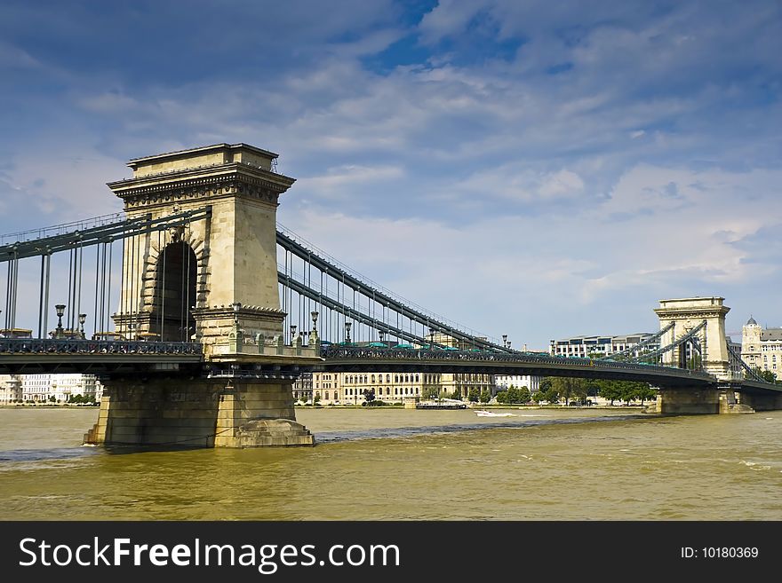 Szechenyi Bridge in Budapest on the Danube River. Szechenyi Bridge in Budapest on the Danube River.