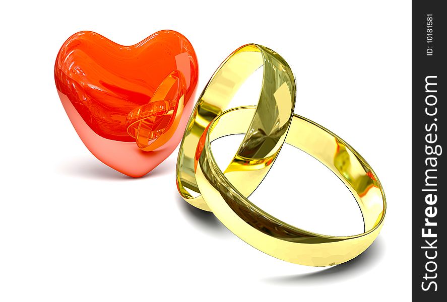 Two gold rings over white background