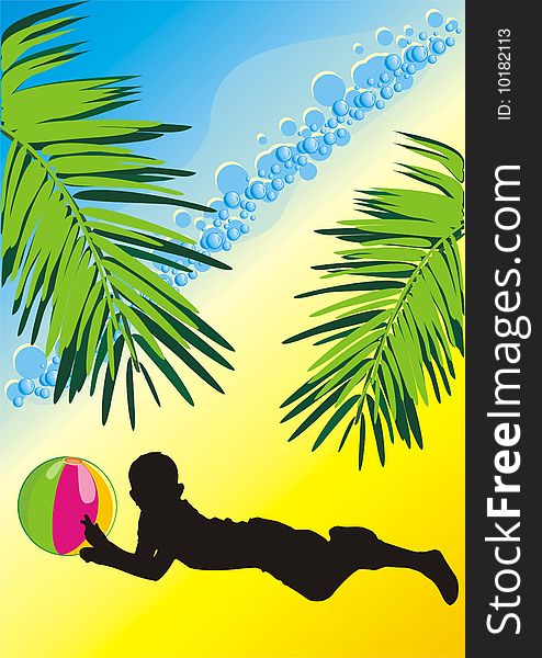 Silhouette of boy with a ball among the branches of palms. Vector illustration. Silhouette of boy with a ball among the branches of palms. Vector illustration