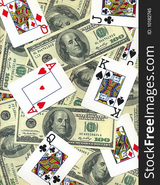 Background of money and playing cards isolated over white. Background of money and playing cards isolated over white