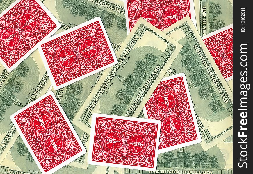 Background of money and playing cards isolated over white. Background of money and playing cards isolated over white