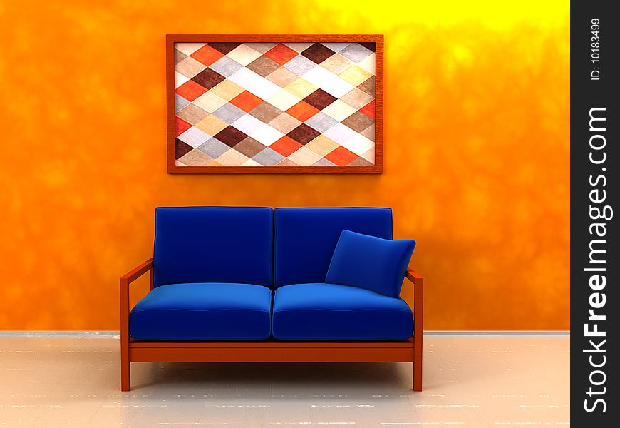 3d illustration of interior with sofa and picture on wall
