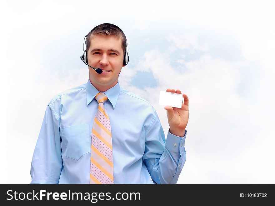 Businessmen with card on blue sky with clouds. Businessmen with card on blue sky with clouds