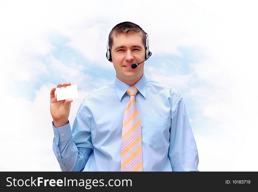 Happiness businessmen with card on blue sky background