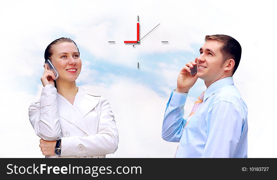 Happiness businessmens calling by phone on blue sky background