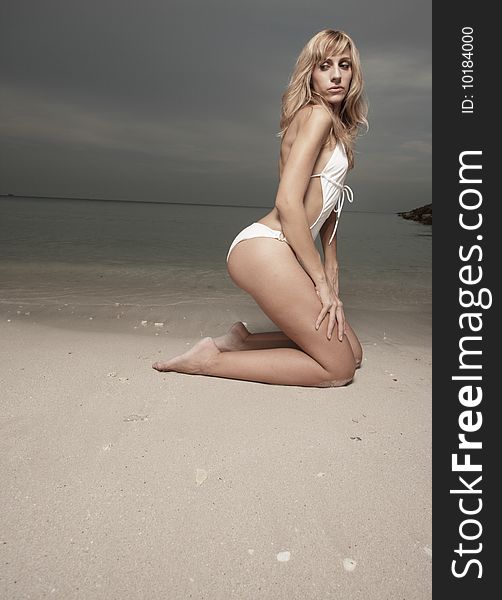 Beautiful young woman posing by the sea shore. Beautiful young woman posing by the sea shore
