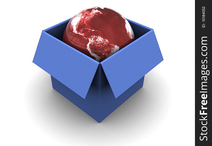 3d illustration of blue carton box with earth globe inside. 3d illustration of blue carton box with earth globe inside