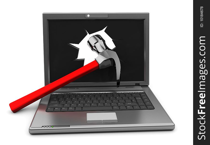 3d illustration of crashed laptop with hammer in screen