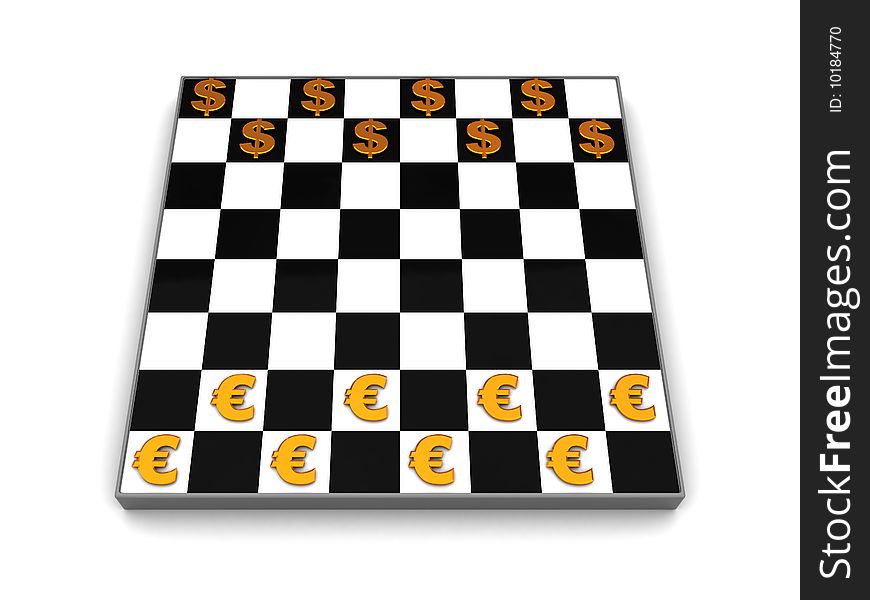 3d illustration of the chessboard with dollar and euro symbols. 3d illustration of the chessboard with dollar and euro symbols