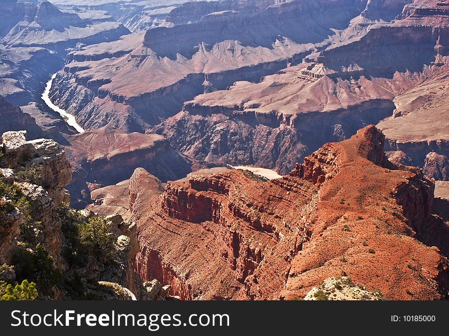 This is a view from the South Rim of the Grand Canyon from Pima Point with a view of the Colorado River. This is a view from the South Rim of the Grand Canyon from Pima Point with a view of the Colorado River.