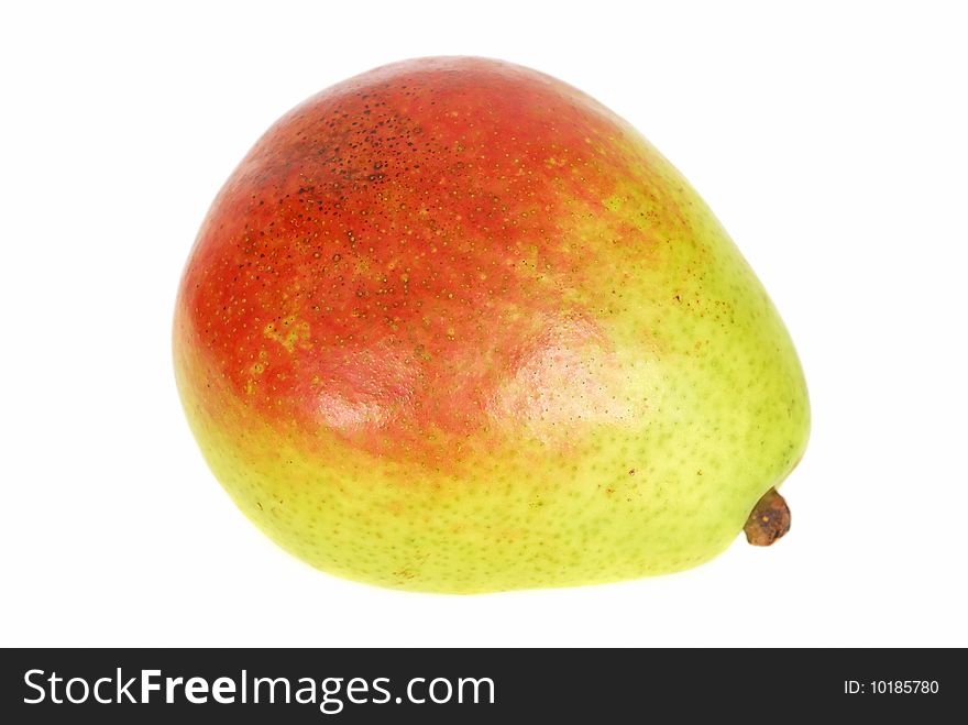 One Green Pear Over White Background Closeup.