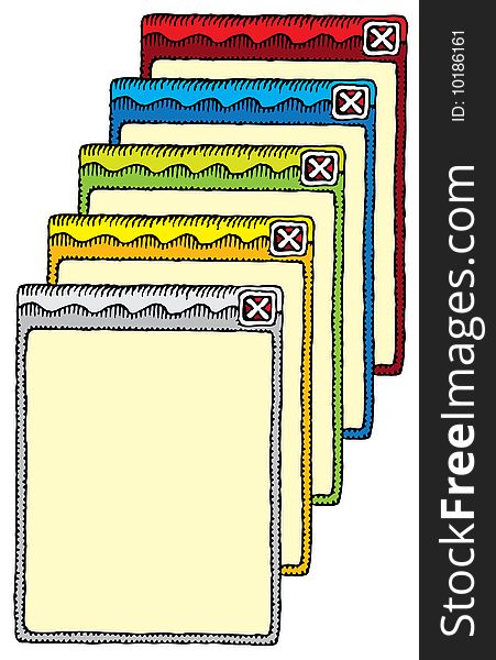 Five windows hand drawing red blue green yellow and grey. Five windows hand drawing red blue green yellow and grey