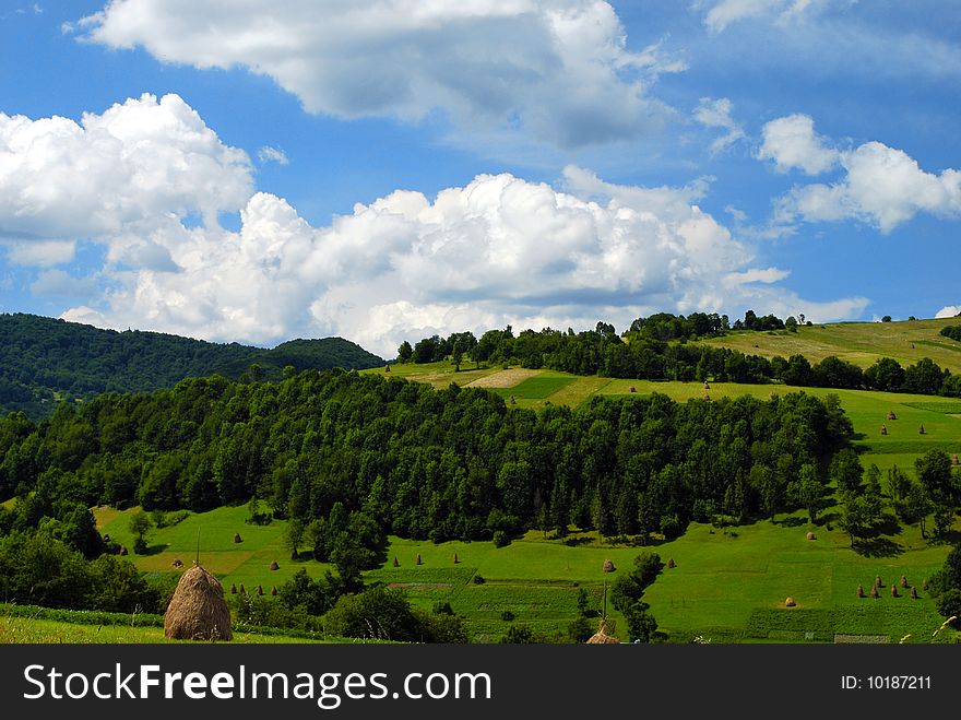 The fields are in Carpathian mountains. The fields are in Carpathian mountains