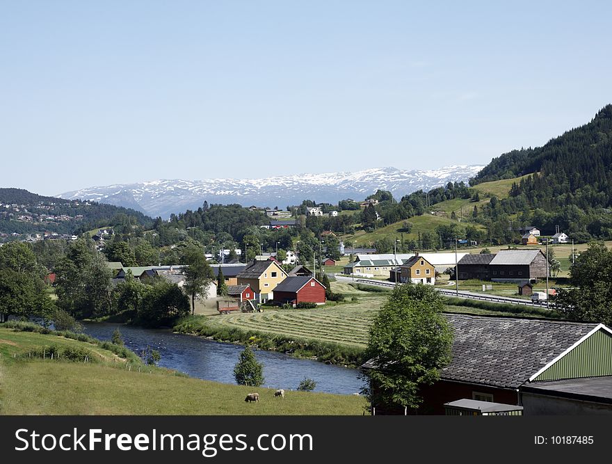 Small village with mountain view in Norway. Small village with mountain view in Norway