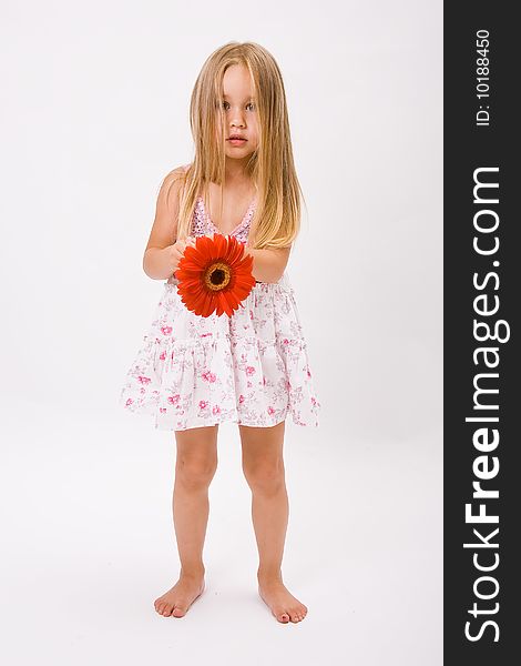 Beautiful little girl with long blonde hairand red flower