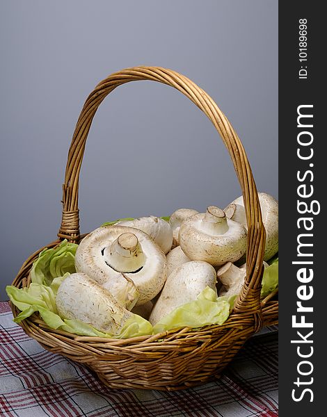 Basket with white mushrooms and green lettuce. Basket with white mushrooms and green lettuce