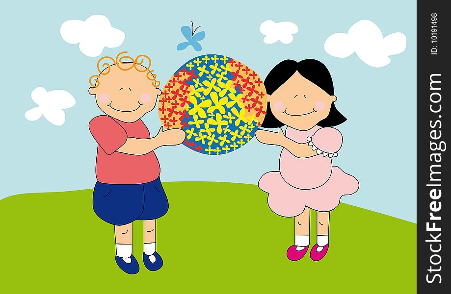 Little girl and boy holding the earth,they are staying in the green glad over blue sky background. Little girl and boy holding the earth,they are staying in the green glad over blue sky background