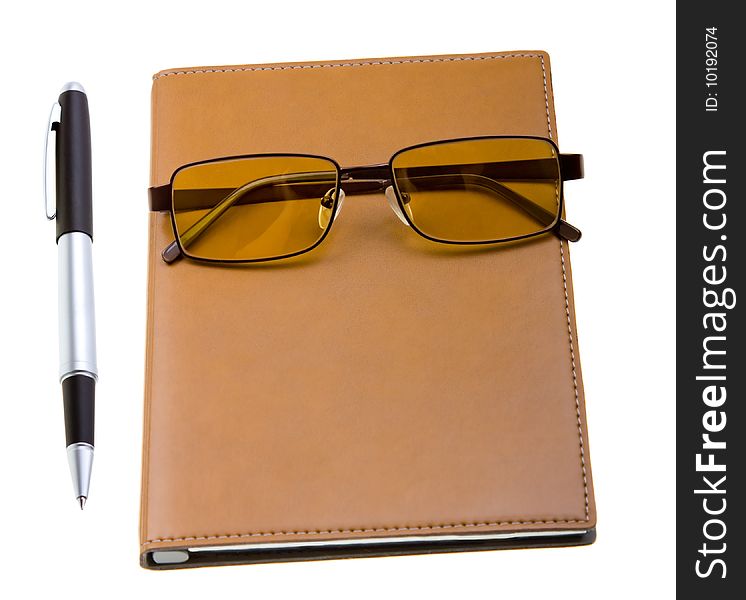 Electronic Organizer With Glasses And Pen On White