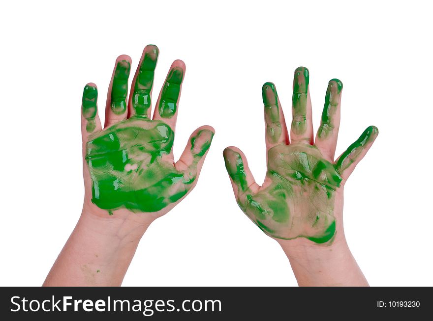 A horizontal image of a child's hands covered with green paint on white. A horizontal image of a child's hands covered with green paint on white