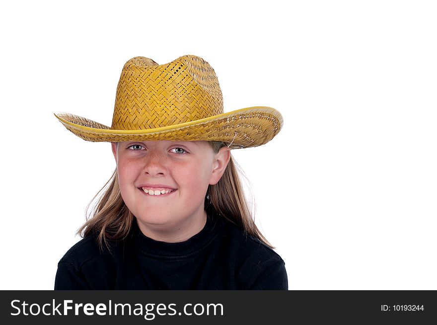 A horizontal image of a female child in a back shirt and straw hat on white. A horizontal image of a female child in a back shirt and straw hat on white