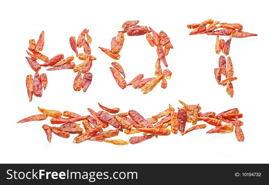 The word hot spelled with Dry red chili peppers. The word hot spelled with Dry red chili peppers