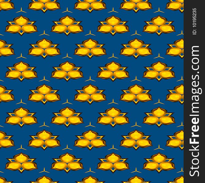 Seamless tiling pattern of shiny gold triangular objects on a dark blue background. Seamless tiling pattern of shiny gold triangular objects on a dark blue background