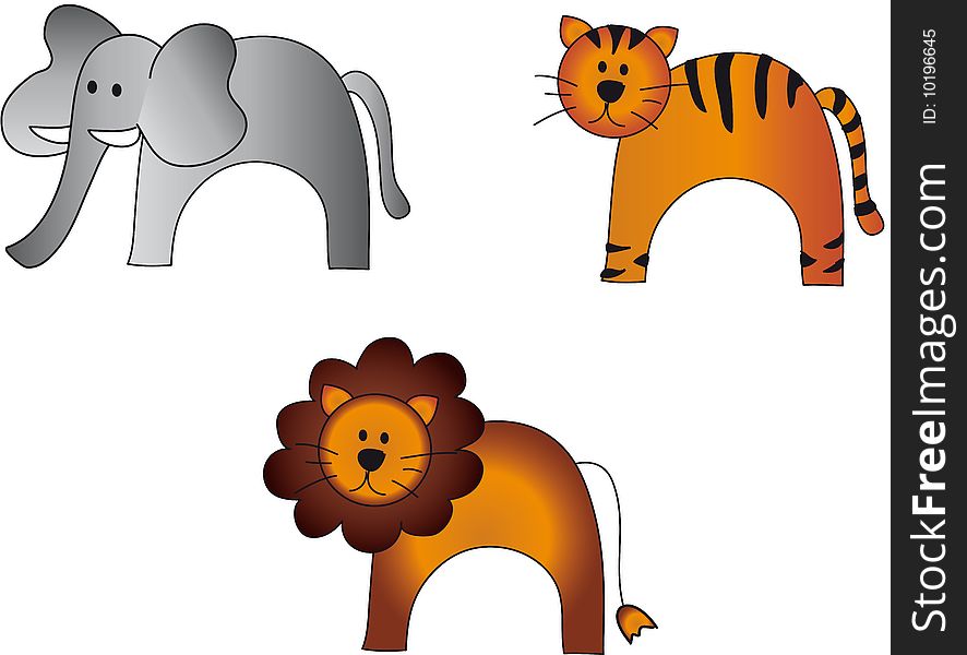 Animals illustration with elephant tiger lion