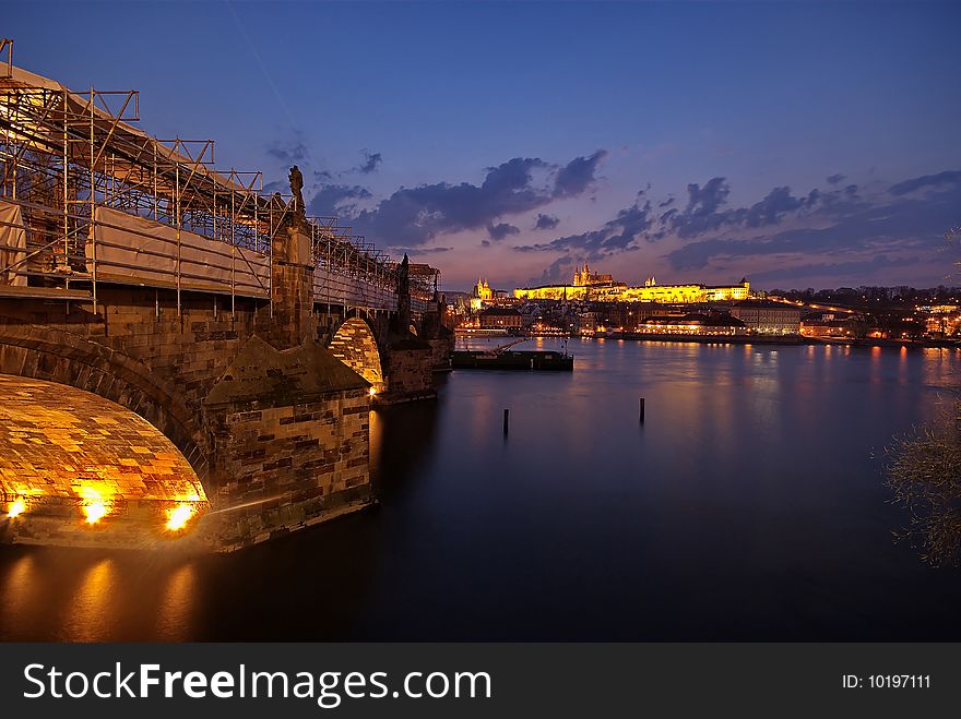 Famous historical landmark in Prague illumintaed at night. Famous historical landmark in Prague illumintaed at night