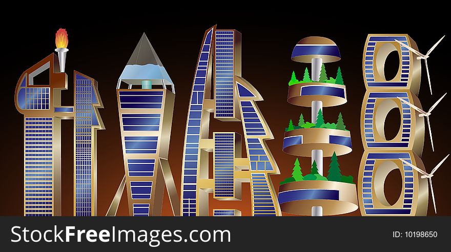 Futuristic city skyline with energy efficient modern buildings. Futuristic city skyline with energy efficient modern buildings