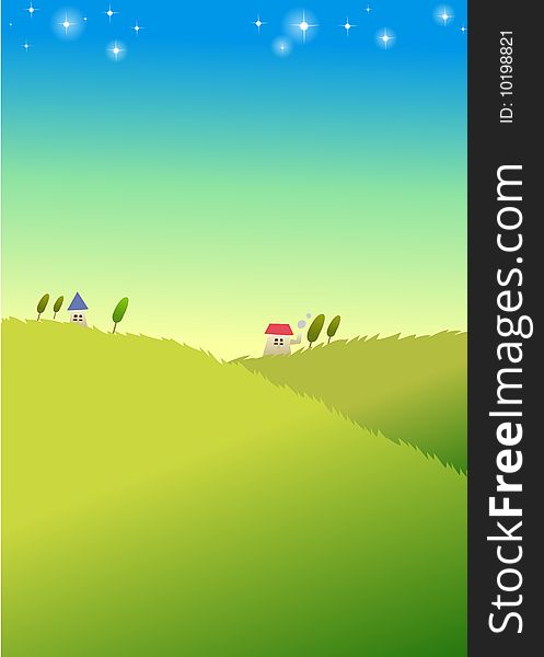 Green lawn with red house under blue sky,stars cover sky. Green lawn with red house under blue sky,stars cover sky